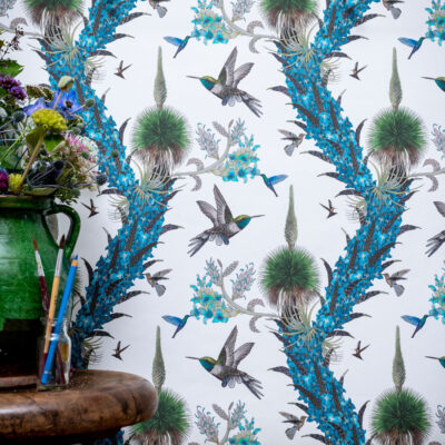 Cream Hummingbirds wallpaper remnant